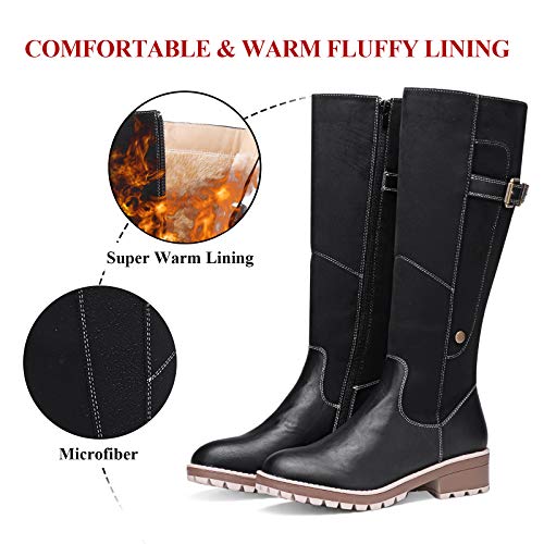 Camfosy Botas para mujer Botas de invierno hasta la rodilla Botas altas con forro de piel Zapatos cálidos de tacón bajo Botas largas para la nieve Calzado informal retro Negro Marrón Gris Black