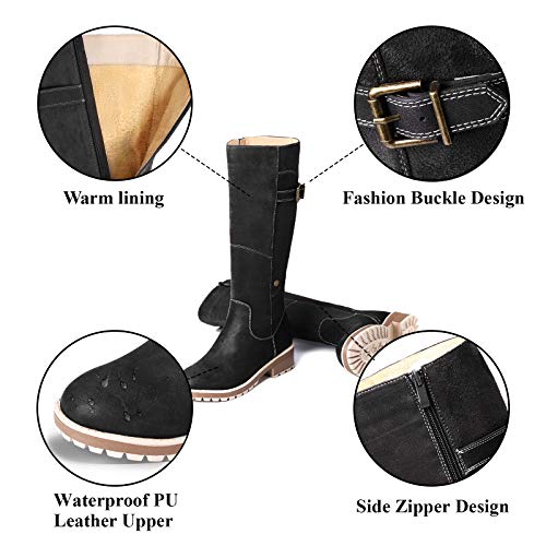 Camfosy Botas para mujer Botas de invierno hasta la rodilla Botas altas con forro de piel Zapatos cálidos de tacón bajo Botas largas para la nieve Calzado informal retro Negro Marrón Gris Black