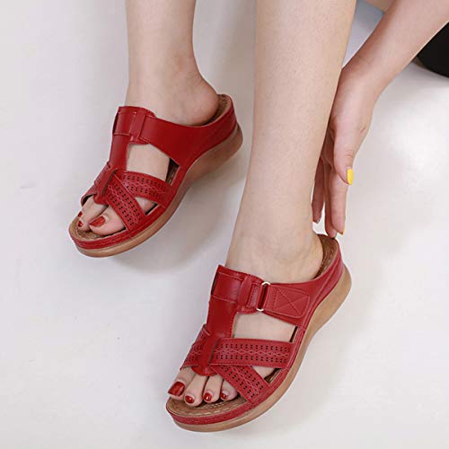 CELANDA Sandalias con Punta Abierta Zapatillas de Plataformas Cuero Zapato de Playa Suaves Ligeras Mules de Verano para Mujer Rojo Talla: 43 EU