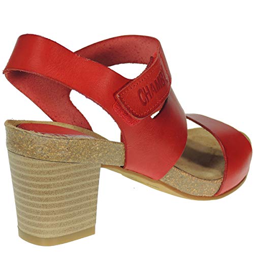 CHAMBY 2530 Sandalia Piel Vaquetilla Tacón Ancho 6Cm Planta Bio Anatómica Velcro Mujer Rojo Talla 37