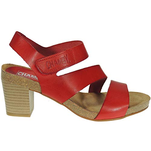 CHAMBY 2530 Sandalia Piel Vaquetilla Tacón Ancho 6Cm Planta Bio Anatómica Velcro Mujer Rojo Talla 37