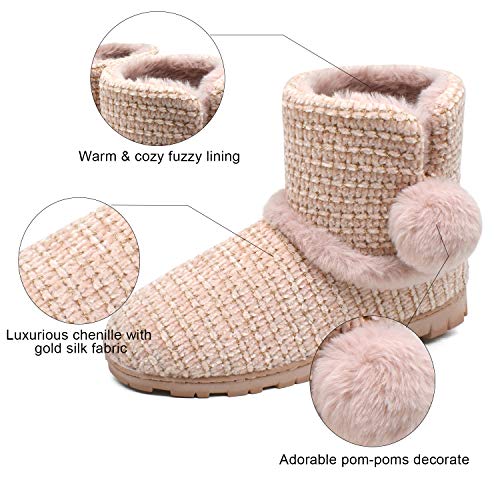 COFACE Zapatillas de Casa para Mujer Invierno, Botas Cerradas Pantuflas, Zapatos Cálidos con Forro de Felpa con Suaves Pompones y Suela de Goma Antideslizante Talla 41