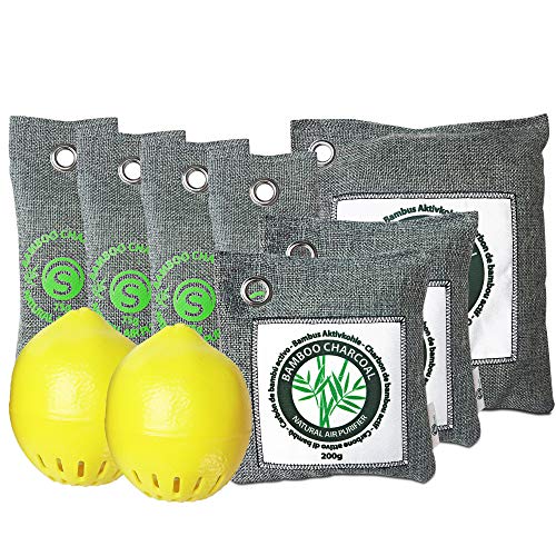 Conjunto de Neutralizadores de Olor de Carbón Activo de Bambú - Bolsas de Purificación de Aire 500g + 2x200g, Deshumidificador para Zapatos 4x75g y 2x Limón Ambientador para Frigorífico, Coche, Casa