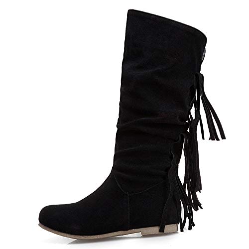 COOLCEPT Mujer Clásico Botas Arrugadas Plano Sin Cordones Mid Botas Altas Punta Redonda Botas Borlas Black Talla 39 Asian