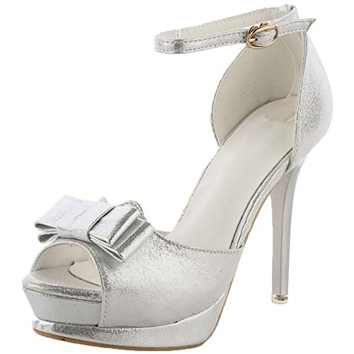 COOLCEPT Mujer Elegante Alto Tacón Sandalias de Aguja Peep Toe Zapatos de Boda Correas al Tobillo Stiletto Sandalias Plateado Talla 39 Asian