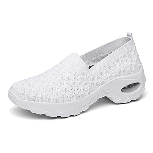 DAYOUT Zapatillas de plataforma para mujer Wallking Zapatos de malla transpirable de aire acolchado señora casual deporte tenis zapatos cómodos, color Blanco, talla 36.5 EU