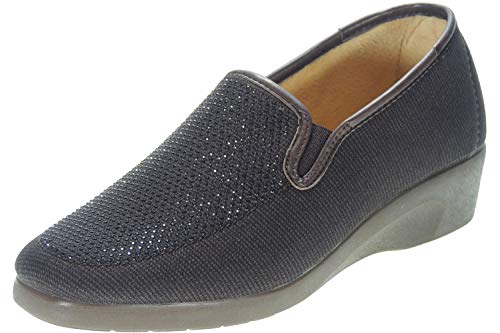 DEVALVERDE 217 Zapatilla Mujer Calle Clásica Brillantes | Cuña 3,5 CM | Elásticos Laterales MARRÓN Talla 40