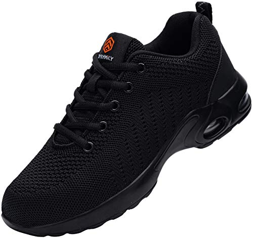 DYKHMILY Zapatos de Seguridad Hombre Ligeras Zapatillas Seguridad Trabajo con Punta de Acero Calzado de Seguridad Deportivo Colchón de Aire Transpirables Reflectante Cómodo (Profundo Negro,43 EU)