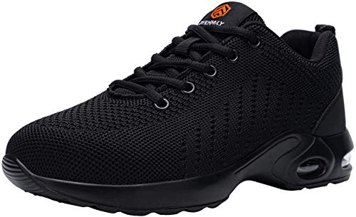 DYKHMILY Zapatos de Seguridad Hombre Ligeras Zapatillas Seguridad Trabajo con Punta de Acero Calzado de Seguridad Deportivo Colchón de Aire Transpirables Reflectante Cómodo (Profundo Negro,43 EU)