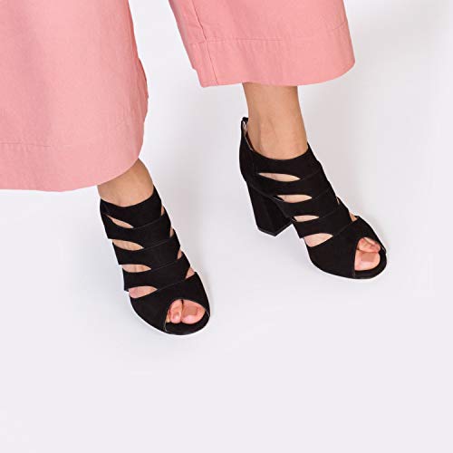 Fiona - Sandalias Abotinadas de Vestir para Mujer Hechas en Piel - Tacon Ancho 8 cm - Cierre Hebilla Talon - Punta Abierta y Talon Cerrado - Negro/Talla 38