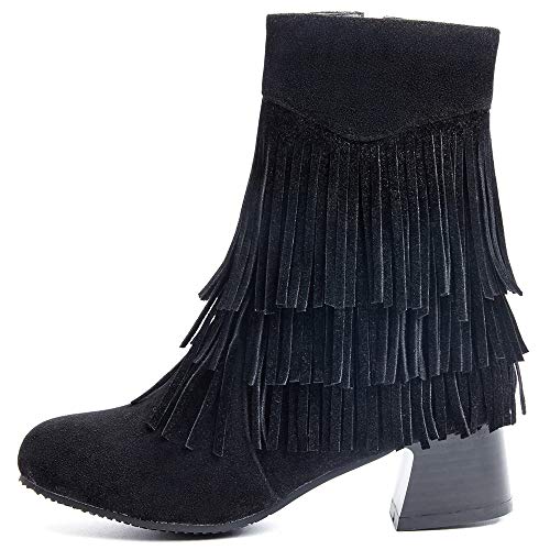 Garggi Flecos Botines Clásica Mujer Tacón Ancho Invierno Boots Cremallera Otoño Mujer Tacón Medio Boots Vintage Tassles Botas Media Pierna Negro Talla 39 Asiática