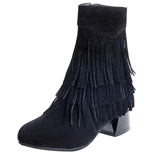 Garggi Flecos Botines Clásica Mujer Tacón Ancho Invierno Boots Cremallera Otoño Mujer Tacón Medio Boots Vintage Tassles Botas Media Pierna Negro Talla 39 Asiática