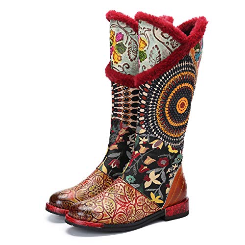 gracosy Botas de Cuero para Mujer Otoño e Invierno Calientes Estilo Nacional Bohemio Patrón de Flores Botas de Equitación Hecho a Mano Moda Moto Tacon Largas Planas