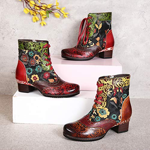 gracosy Botines de Cuero para Mujeres,Otoño e Invierno 2019 Bloque de Pata Flor Original Hecho a Mano Estilo Bohemio Nacional Rico en Color Cómodo Suela Blanda Cremallera