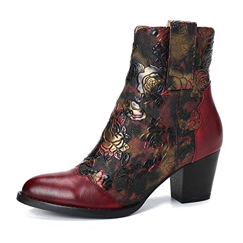 gracosy Botines Mujer Chelsea Botas Cuero Bajo Bloque Tacón Invierno Antideslizante Botas Retro Bohemio Empalme PatrónEstilo Cremallera Rojo