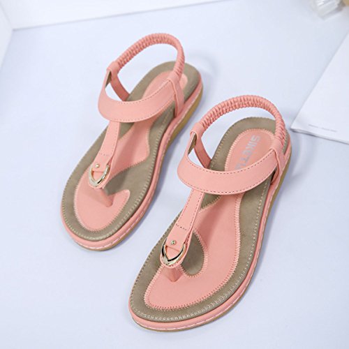 Gracosy Sandalias Bohemias de Mujeres del Verano del Dedo del pie Plano del pie Chanclas de Metal con Perlas Zapatillas elásticas en Forma de T Correas Zapatos Ocasionales del día de Fiesta