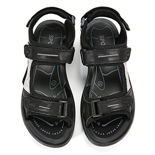 Gracosy - Sandalias de deporte para mujer y niña, planas, de piel con velcro ajustable, cómodas para caminar, trekking y pies anchos, color negro # 43 EU