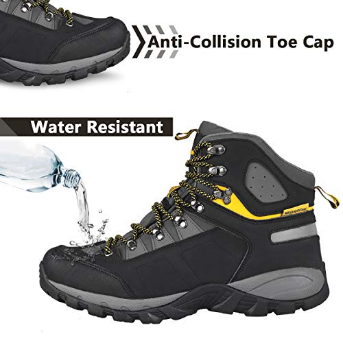 GRITION Botas de Montaña para Hombre, Zapatillas de Senderismo de Nieve Hombre Impermeable Transpirable Antideslizante Zapatos de Deporte Exterior Calzado de Alta Caña Amarillo Negro 41 EU