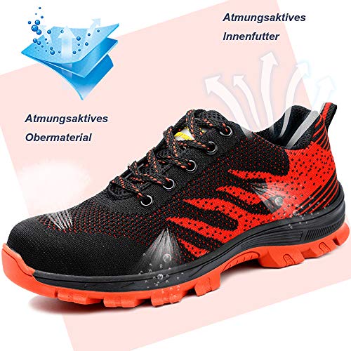 GUFANSI Zapatos de Seguridad para Hombre Zapatillas Zapatos de Mujer Seguridad de Acero Ligeras Calzado de Trabajo para Comodas Unisex Zapatos de Industria y Construccion, Rojo, 38 EU