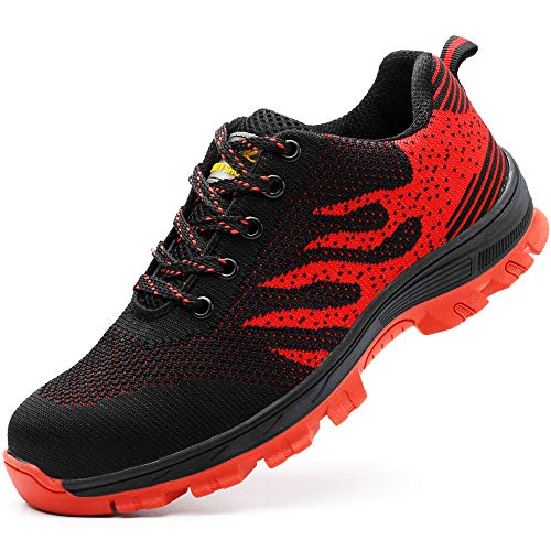 GUFANSI Zapatos de Seguridad para Hombre Zapatillas Zapatos de Mujer Seguridad de Acero Ligeras Calzado de Trabajo para Comodas Unisex Zapatos de Industria y Construccion, Rojo, 38 EU