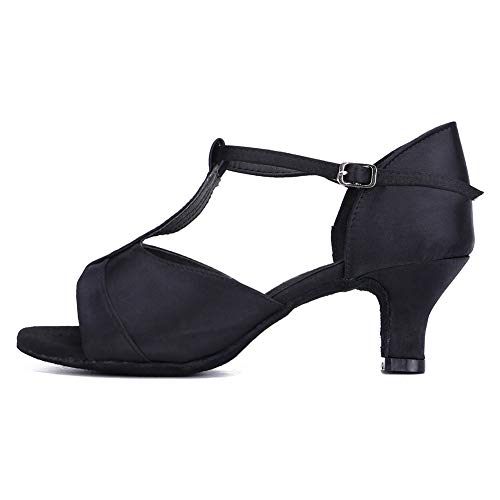 HIPPOSEUS Zapatos de Baile Latino con Correa en T para Mujer Zapatos de práctica de Baile de salón de satén,Negro,37.5 EU