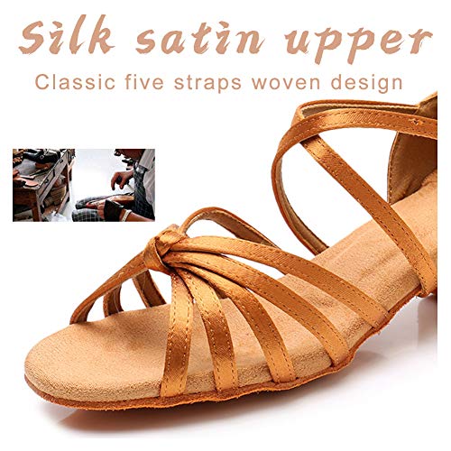 HIPPOSEUS Zapatos de Baile Latino para niñas de satén Zapatos de Baile de salón de Salsa de Tango de tacón bajo para Mujer,Marrón,35 EU