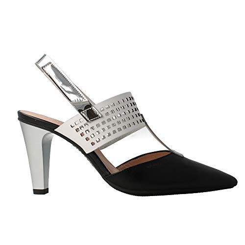 HISPANITAS HV 98936, Zapatos Destalonados, Puntera Cerrada, Color Negro, Blanco y Metal Plata, de tacón, para Mujer. - Cuero Talla: 38