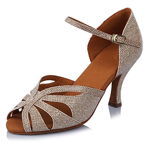 HROYL Zapatos de Baile para Mujeres y Niñas Latino de Diamantes de imitación Señoras Salsa Latina Tango Zapatos de Boda de satén,ESAF435024,Gold,40EU