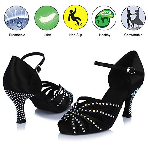 HROYL Zapatos de Baile para Mujeres y Niñas Latino de Diamantes de imitación Señoras Salsa Latina Tango Zapatos de Boda de satén,ESAF43503,Negro,35EU