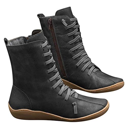 Luckycat Botines de Cuero Otoño Vintage con Cordones Zapatos de Mujer Botas cómodas de tacón Plano Cremallera Bota Alto Botas de Apoyo de Arco 2019 para Mujeres