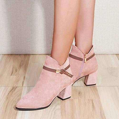 Luckycat Botines Mujer Tacon Ancho Ante Cuero Tobillo Botas Piel Ankle Boots 6 Cm Cremallera Moda Comodos Verano Primavera Boots Zapatillas Altas para Mujer Botas Militar para Mujer Botas para Mujer