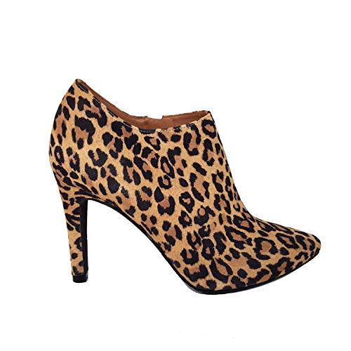 MALISO - Botines Salones Abotinados de Piel para Mujer con Punta Fina y Tacon Alto de 10 cm - Cierre Cremallera - Moda Tacones Stilettos Elegantes Leopardo Animal Print - Marrón 39 EU