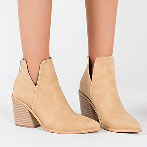 MaNMaNing-Shoes Botines de ante para mujer, con cremallera, de un solo color, cortos, a la moda, tacón alto, Mujer, beige, 36 EU