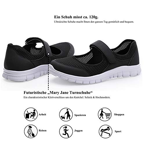 MecKiss - Zapatillas de deporte para mujer, para verano, para el tiempo libre, fitness, caminar, con cierre de velcro, color Negro, talla 36 EU