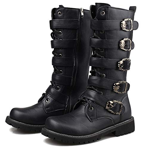 MERRYHE Botas Altas Martin para Hombre Botas Militares Tácticas Militares Botas De Hebilla Botas De Becerro De Cuero De La PU Botas De Wellington para Halloween Cosplay,Black-46