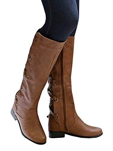 Minetom Mujer Botas Largas Casual Planas Zapatos Otoño Invierno Retro Cuero Cordón Trasero Cremallera Botas Altas Talón Grueso Caqui 41 EU