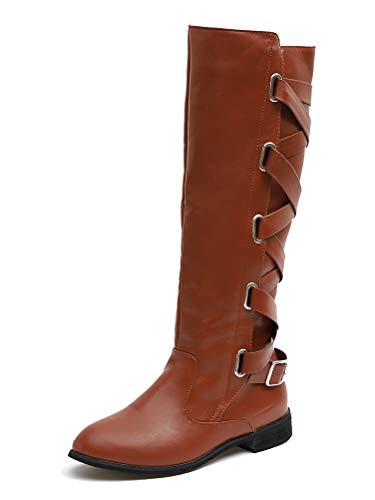 Minetom Mujer Botas Largas Casual Planas Zapatos Otoño Invierno Retro Cuero Cordón Trasero Cremallera Botas Altas Talón Grueso Caqui 41 EU