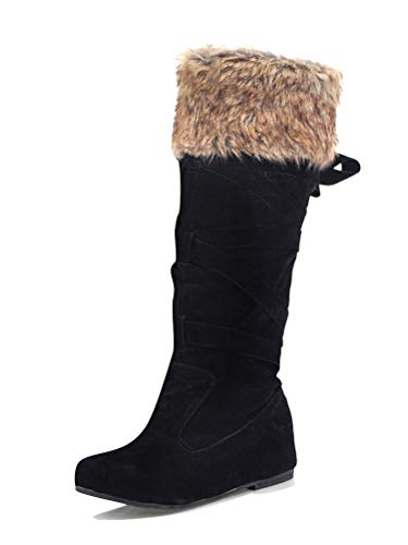 Minetom Mujer Botas Largas De Gamuza Casual Tacón Grueso Planas Zapatos Otoño Invierno Retro Botas Altas Calentar Felpa Negro 37 EU