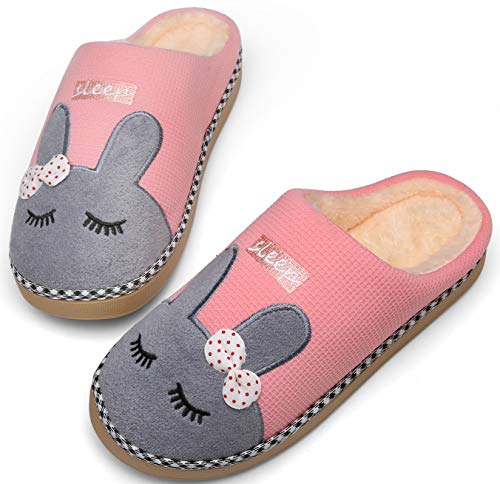 Mishansha Invierno Zapatillas Interior Casa Caliente Felpa Algodón Pantuflas Mujer Antideslizante Dibujos Animados Pareja Zapatos, Conejo-Rosa, 37/38 EU=38/39 CN