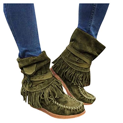 Moda para mujer Casual Punta redonda con flecos retro Botines cortos Zapatos planos invierno rebajas altas tacon planas cuña piel negras media caña sexy