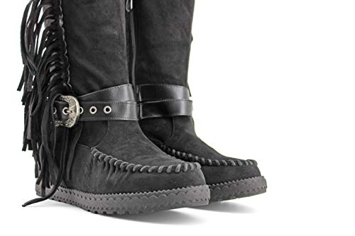 Modelisa - Botas Altas con Tacón Cuña Flecos para Mujer (Negro, Numeric_41)