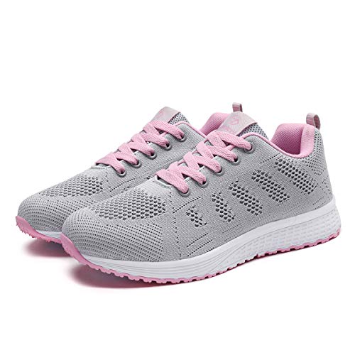 Mujer Entrenador Zapatos Gimnasio Deportes atléticos Zapatillas de Deporte Malla Informal Zapatos para Caminar Encaje Plano Rosa EU 35