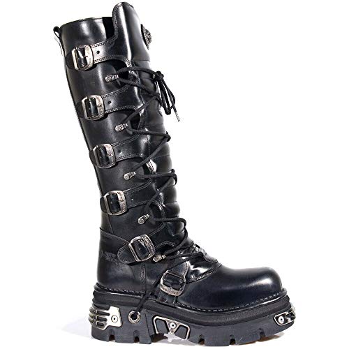 New Rock 272-S1 - Botas altas negras de piel con cremallera, hebillas y detalles metálicos de estilo gótico, unisex, color Negro, talla 42 2/3 EU