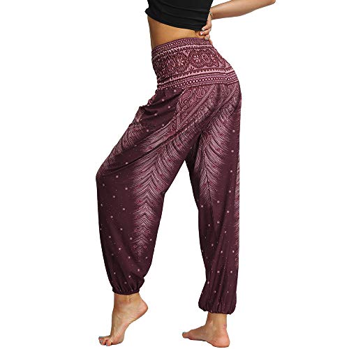 Nuofengkudu Mujer Hippies Pantalones Harem Tailandeses Boho Estampados Bolsillos Cintura Alta Baggy Yoga Pants Verano Playa Fiesta (Marrón B,Talla única)