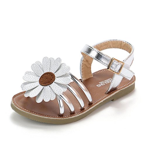 OHQ Sandalias Romanos De Niñas Verano Princesa Zapatos Sandalias Playa Ligeras Deporte Luminous Zapatillas Perla Sandalias Flores Zapatos Roma CóModo (21, Plata)