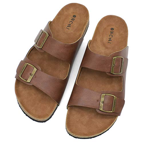 ONCAI Mules Sandalias para Hombre con Punta Abierta, Cuero Cómodas de Playa con Hebilla Zuecos Sandalias para Hombre Verano Zapatillas de Corcho para Caballeros Caqui Talla 43