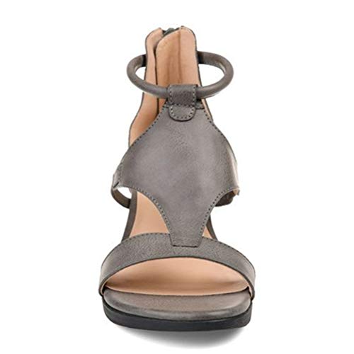 ONEYMM Sandalias de Verano para Mujer Cuero de PU Vintage Tallas Grandes Zapatos de Mujer Tacones Medios Zapatos de cuña Sandalias de Gladiador Ligeras y Bajas de cuña para Mujer,Negro,36