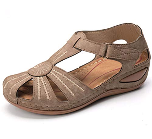 ONEYMM Sandalias de Vestir para Mujer Verano Cuña Cómodos Casual Retro Sandalias Zapatos de Playa con Velcro 2020 Roma Casual Sandalias Fiesta Cómodo Zapatos Tacón Alto,Marrón,39