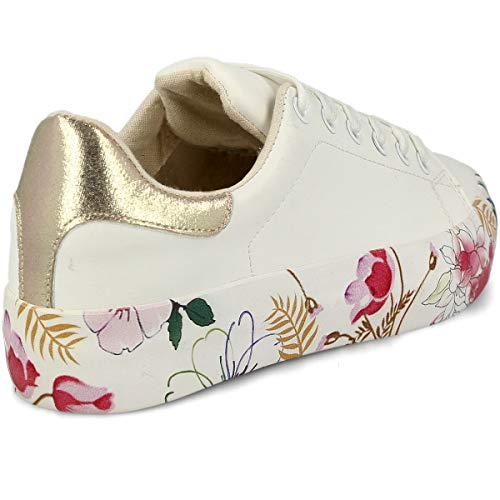 PAYMA - Zapatillas Bambas Deportivas Plataforma Mujer. Tenis Deporte, Casual y Caminar. Cierre Cordones. Interior Acolchado. Acabado Eco Print Floral, Blanco y Estrella.