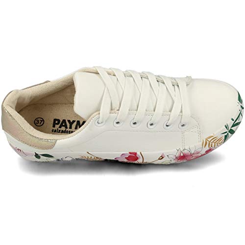 PAYMA - Zapatillas Bambas Deportivas Plataforma Mujer. Tenis Deporte, Casual y Caminar. Cierre Cordones. Interior Acolchado. Acabado Eco Print Floral, Blanco y Estrella.